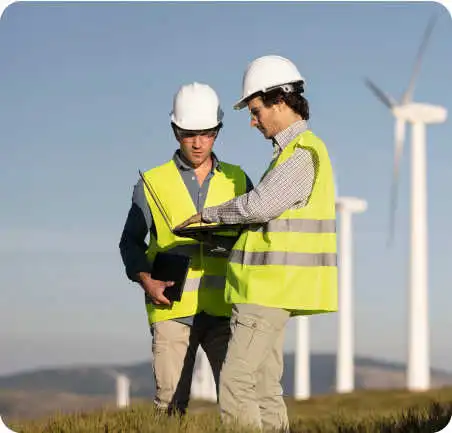 Ingeniería en Energías 3 Ingenieros de la Universidad de América analizando proyectos de energía renovable en campo eólico