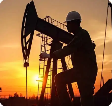 Ingeniero de petróleos trabajando en campo de extracción con equipo de bombeo al atardecer
