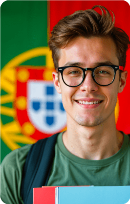 Estudiante con libros y mochila frente a la bandera de Portugal en el Curso de Portugués de la Universidad de América