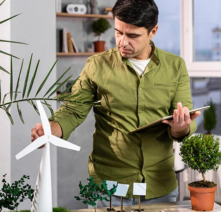 Profesional evaluando modelos de energías renovables en la Especialización en Gestión Ambiental de la Universidad de América