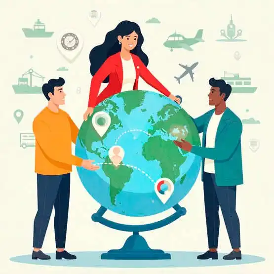 Ilustración de estudiantes conectando diferentes países alrededor del mundo.