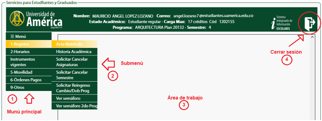 Plataforma Escolar de la Universidad de América con menú principal, submenús y área de trabajo para estudiantes.