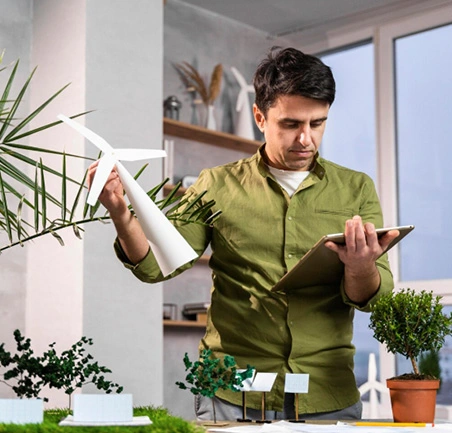 Profesionales colaboran en diseño de proyectos sostenibles y planificación ambiental.